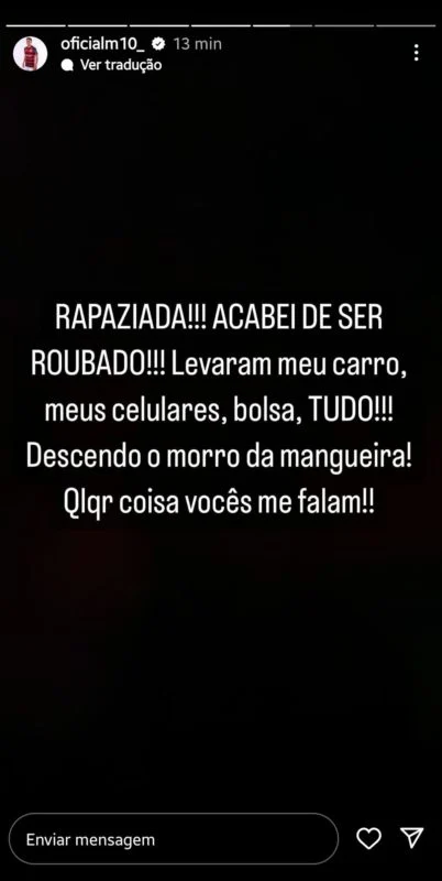 Print de Matheus Gonçalves, do Flamengo, sobre o assalto - Metrópoles